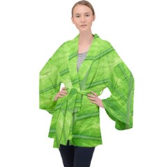 Green Bright Digital Manipulation Long Sleeve Velvet Kimono  by Vaneshart