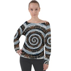 Spiral City Urbanization Cityscape Off Shoulder Long Sleeve Velour Top