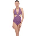 Leaf Pattern Lace Leaf Leaves Halter Front Plunge Swimsuit View1