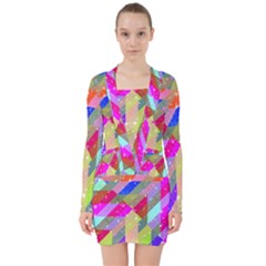 Multicolored Party Geo Design Print V-neck Bodycon Long Sleeve Dress