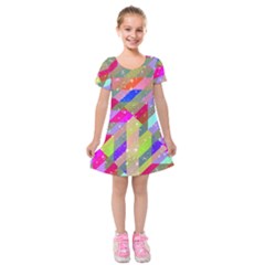 Multicolored Party Geo Design Print Kids  Short Sleeve Velvet Dress