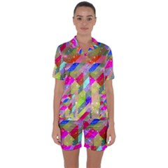 Multicolored Party Geo Design Print Satin Short Sleeve Pyjamas Set