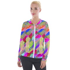 Multicolored Party Geo Design Print Velour Zip Up Jacket