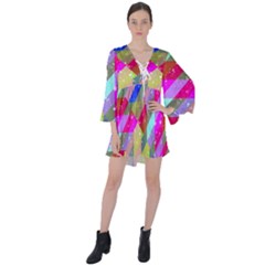 Multicolored Party Geo Design Print V-neck Flare Sleeve Mini Dress by dflcprintsclothing