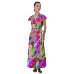 Multicolored Party Geo Design Print Flutter Sleeve Maxi Dress