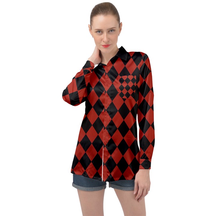 Block Fiesta - Apple Red & Black Long Sleeve Satin Shirt