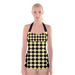 Block Fiesta - Blonde Yellow & Black Boyleg Halter Swimsuit  by FashionBoulevard