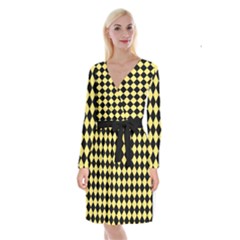 Block Fiesta - Blonde Yellow & Black Long Sleeve Velvet Front Wrap Dress by FashionBoulevard