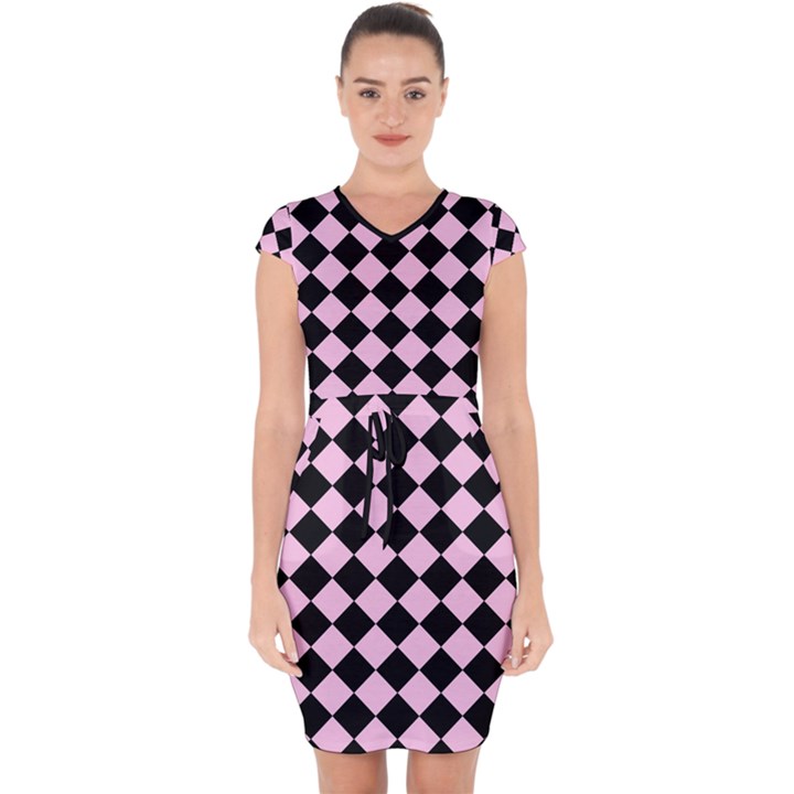 Block Fiesta - Blush Pink & Black Capsleeve Drawstring Dress 