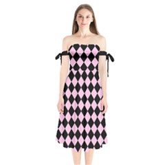 Block Fiesta - Blush Pink & Black Shoulder Tie Bardot Midi Dress by FashionBoulevard