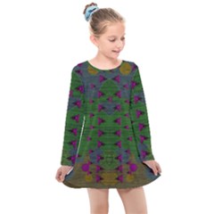 Happy Flower Fish Living In Peace On The Reef Kids  Long Sleeve Dress by pepitasart