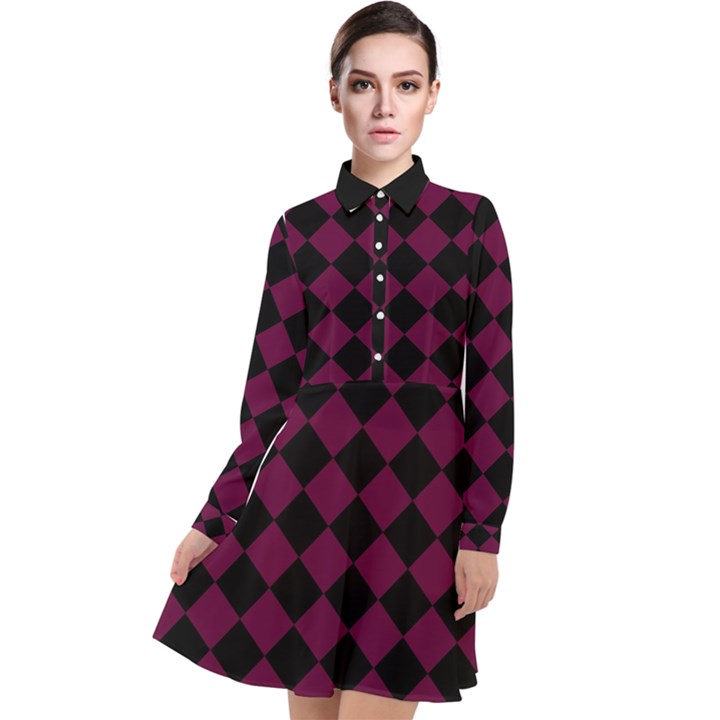 Block Fiesta - Boysenberry Purple & Black Long Sleeve Chiffon Shirt Dress