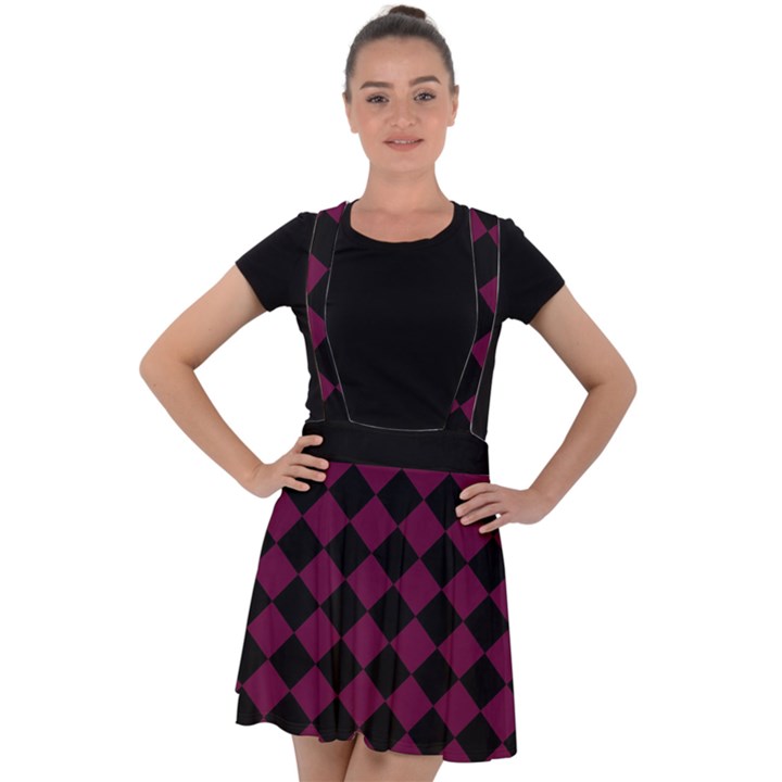 Block Fiesta - Boysenberry Purple & Black Velvet Suspender Skater Skirt