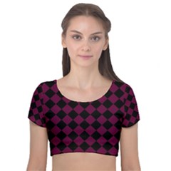 Block Fiesta - Boysenberry Purple & Black Velvet Short Sleeve Crop Top  by FashionBoulevard