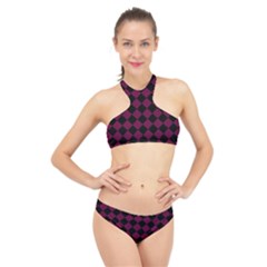 Block Fiesta - Boysenberry Purple & Black High Neck Bikini Set by FashionBoulevard