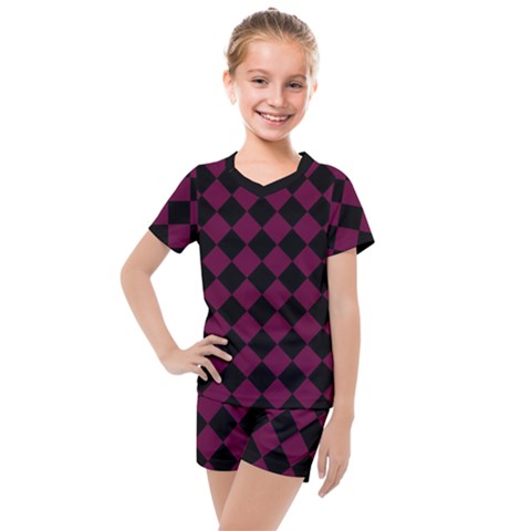 Block Fiesta - Boysenberry Purple & Black Kids  Mesh Tee And Shorts Set by FashionBoulevard