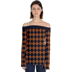 Block Fiesta - Burnt Orange & Black Off Shoulder Long Sleeve Top by FashionBoulevard