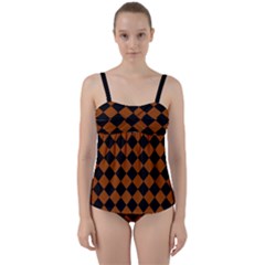 Block Fiesta - Burnt Orange & Black Twist Front Tankini Set by FashionBoulevard