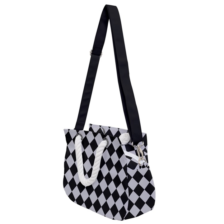 Block Fiesta - Cloudy Grey & Black Rope Handles Shoulder Strap Bag