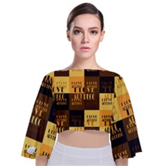 I Love Art Deco Typographic Motif Collage Print Tie Back Butterfly Sleeve Chiffon Top