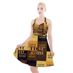 I Love Art Deco Typographic Motif Collage Print Halter Party Swing Dress 