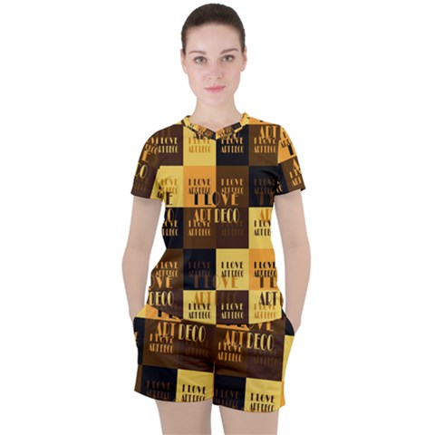 I Love Art Deco Typographic Motif Collage Print Women s Tee And Shorts Set by dflcprintsclothing