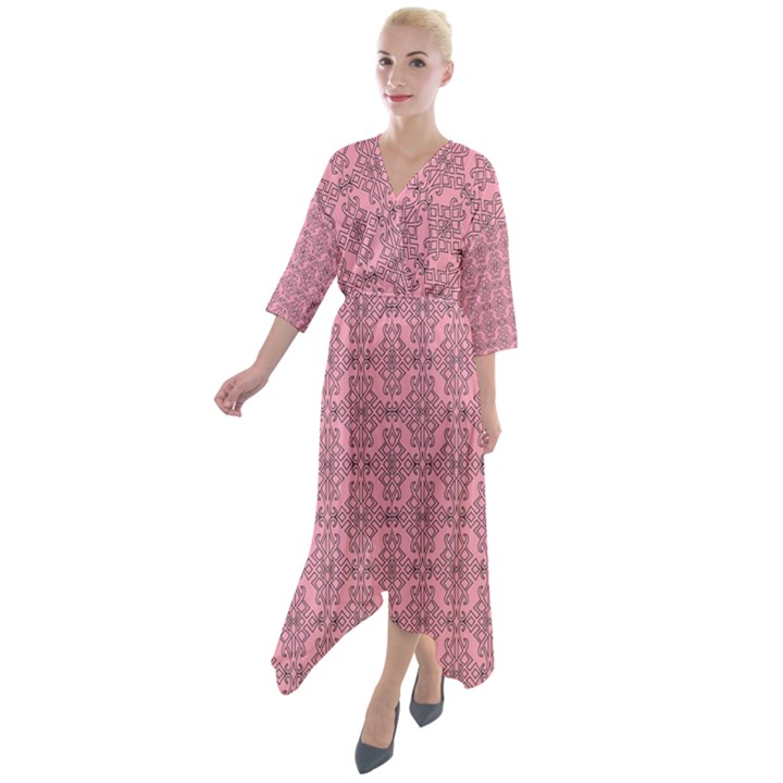 Timeless - Black & Flamingo Pink Quarter Sleeve Wrap Front Maxi Dress