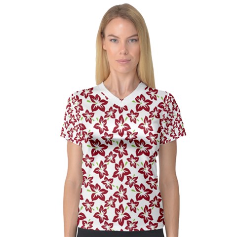 Cute Flowers - Carmine Red White V-neck Sport Mesh Tee by FashionBoulevard