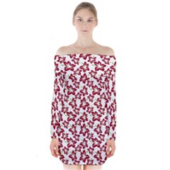 Cute Flowers - Carmine Red White Long Sleeve Off Shoulder Dress by FashionBoulevard