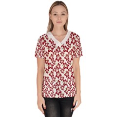 Cute Flowers - Carmine Red White Women s V-neck Scrub Top by FashionBoulevard