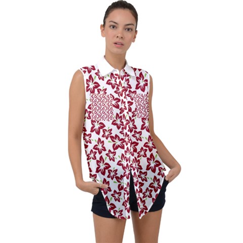 Cute Flowers - Carmine Red White Sleeveless Chiffon Button Shirt by FashionBoulevard