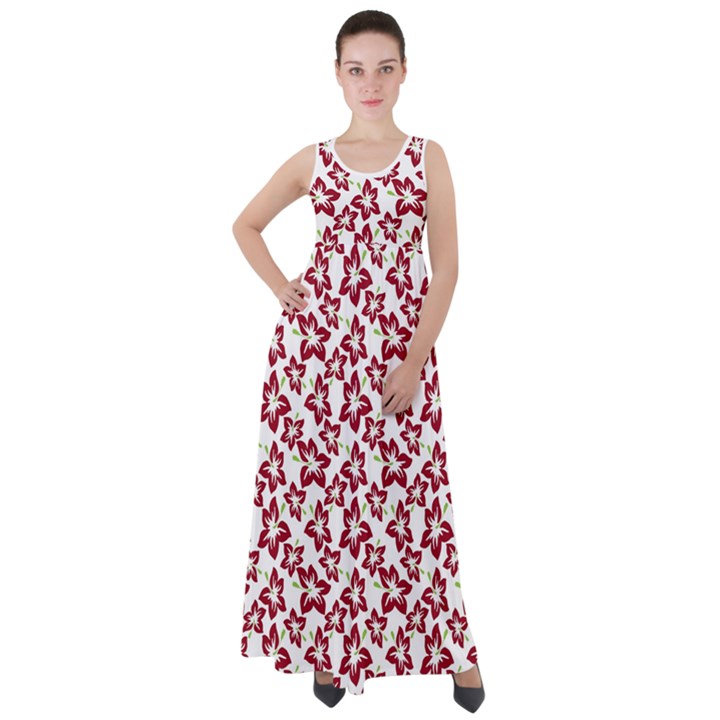 Cute Flowers - Carmine Red White Empire Waist Velour Maxi Dress