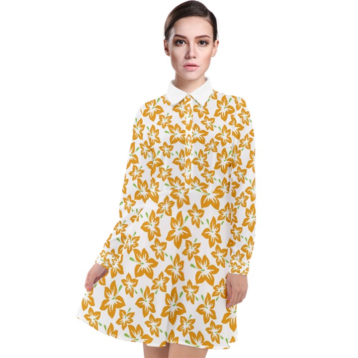 Cute Flowers - Honey Orange White Long Sleeve Chiffon Shirt Dress