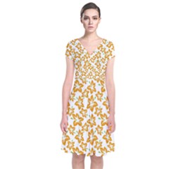 Cute Flowers - Honey Orange White Short Sleeve Front Wrap Dress by FashionBoulevard