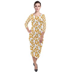 Cute Flowers - Honey Orange White Quarter Sleeve Midi Velour Bodycon Dress by FashionBoulevard