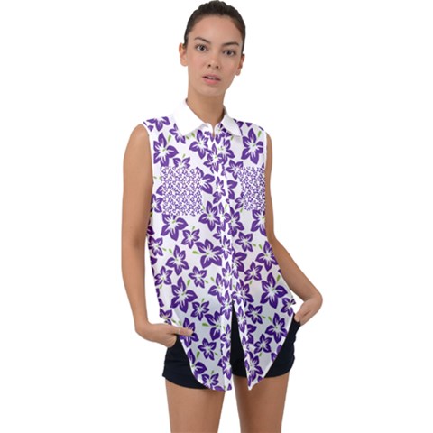 Cute Flowers - Imperial Purple Sleeveless Chiffon Button Shirt by FashionBoulevard