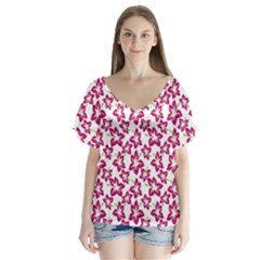 Cute Flowers - Peacock Pink White V-neck Flutter Sleeve Top by FashionBoulevard