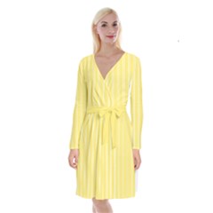 Nice Stripes - Blonde Yellow Long Sleeve Velvet Front Wrap Dress by FashionBoulevard