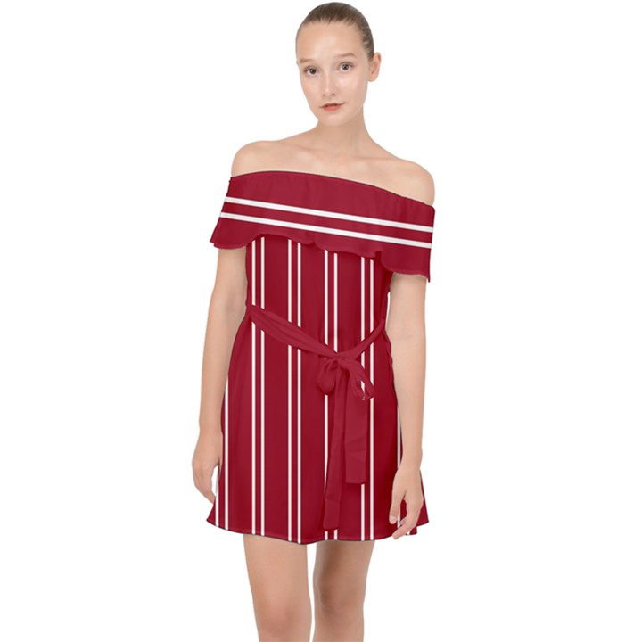 Nice Stripes - Carmine Red Off Shoulder Chiffon Dress