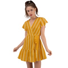 Nice Stripes - Honey Orange Flutter Sleeve Wrap Dress by FashionBoulevard