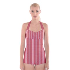 Nice Stripes - Indian Red Boyleg Halter Swimsuit  by FashionBoulevard