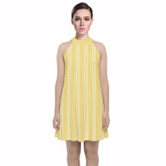 Nice Stripes - Mellow Yellow Velvet Halter Neckline Dress  by FashionBoulevard