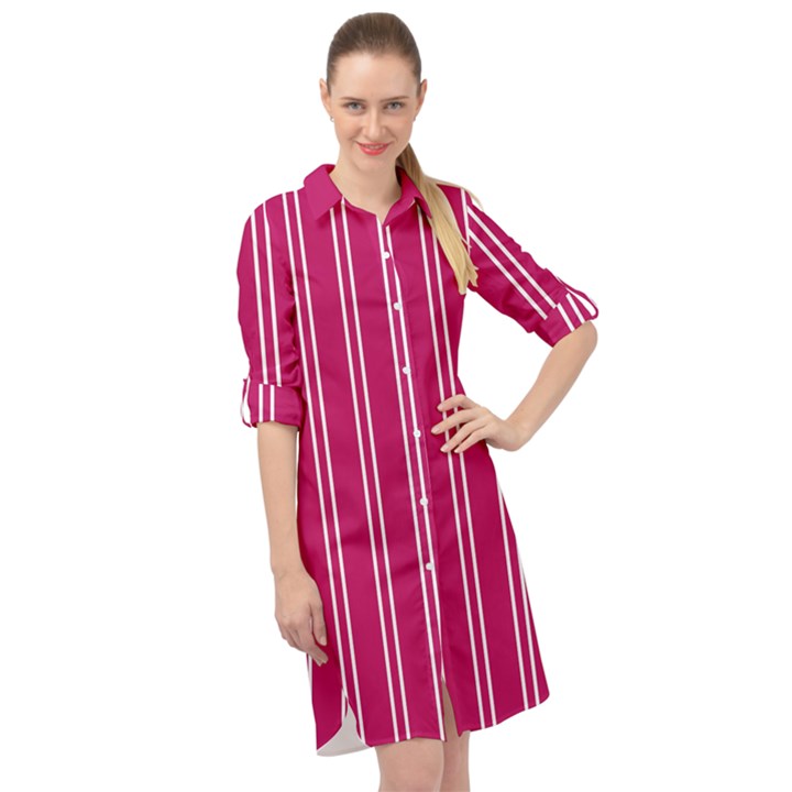 Nice Stripes - Peacock Pink Long Sleeve Mini Shirt Dress