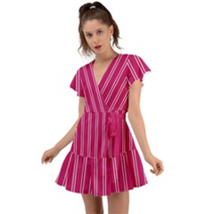 Nice Stripes - Peacock Pink Flutter Sleeve Wrap Dress by FashionBoulevard