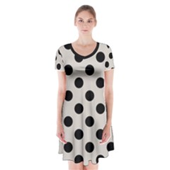 Polka Dots - Black On Abalone Grey Short Sleeve V-neck Flare Dress by FashionBoulevard