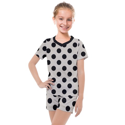 Polka Dots - Black On Abalone Grey Kids  Mesh Tee And Shorts Set by FashionBoulevard