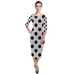 Polka Dots - Black On Abalone Grey Quarter Sleeve Midi Velour Bodycon Dress by FashionBoulevard