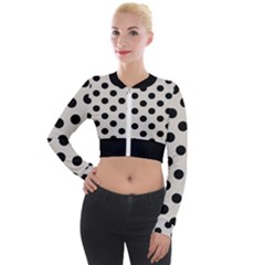 Polka Dots - Black On Abalone Grey Long Sleeve Cropped Velvet Jacket by FashionBoulevard