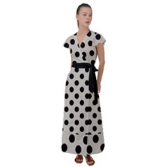 Polka Dots - Black On Abalone Grey Flutter Sleeve Maxi Dress