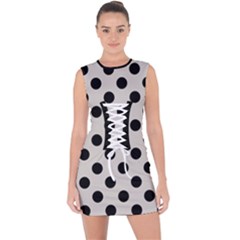 Polka Dots - Black On Abalone Grey Lace Up Front Bodycon Dress by FashionBoulevard